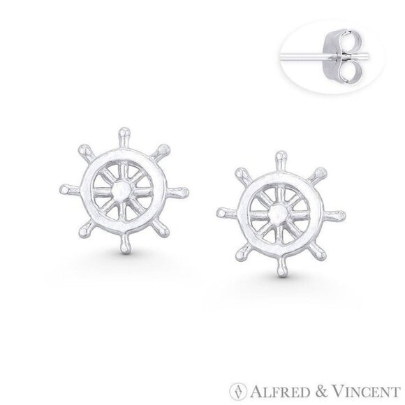 Helm Wheel Nautical / Sailing Charm Stud Earrings in .925 Sterling Silver - Picture 1 of 1